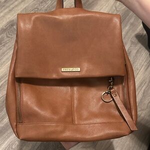 Frye Cognac Leather Flap Backpack with Brass Accent